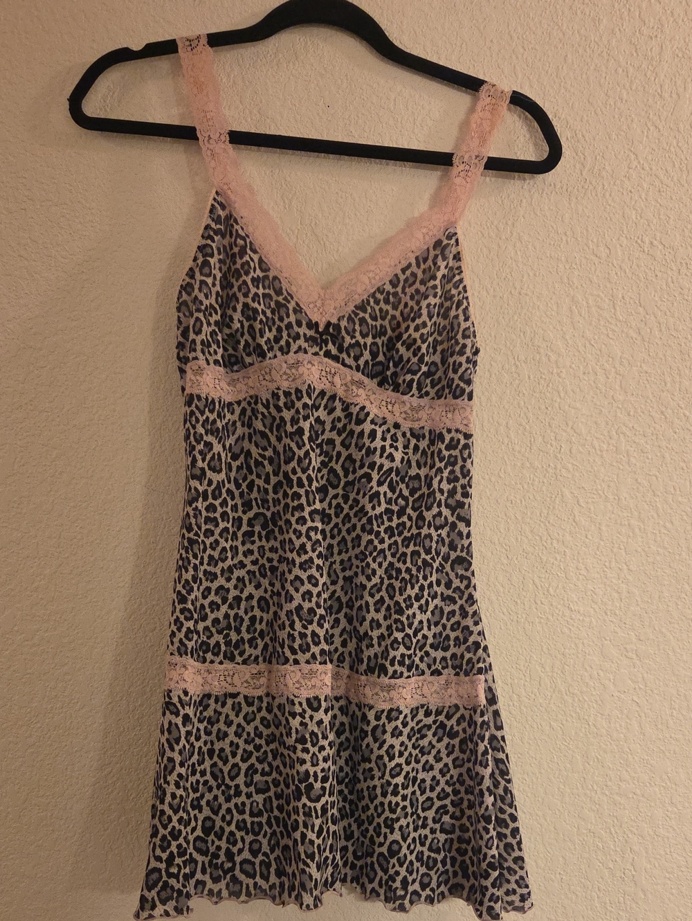 Leopard-Print Slip Chemise with Pale Pink Lace Trim